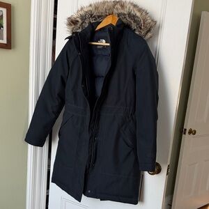 The North Face Navy Goose down Parka with Faux Fur Trim